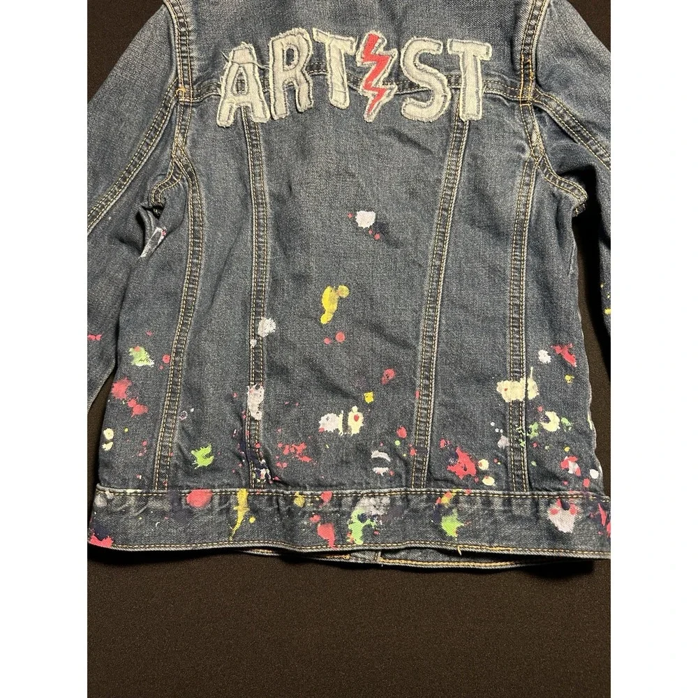 Gap Kids Girls Denim Jacket Paint Splatter Artist Distressed Blue Size M 8/9
